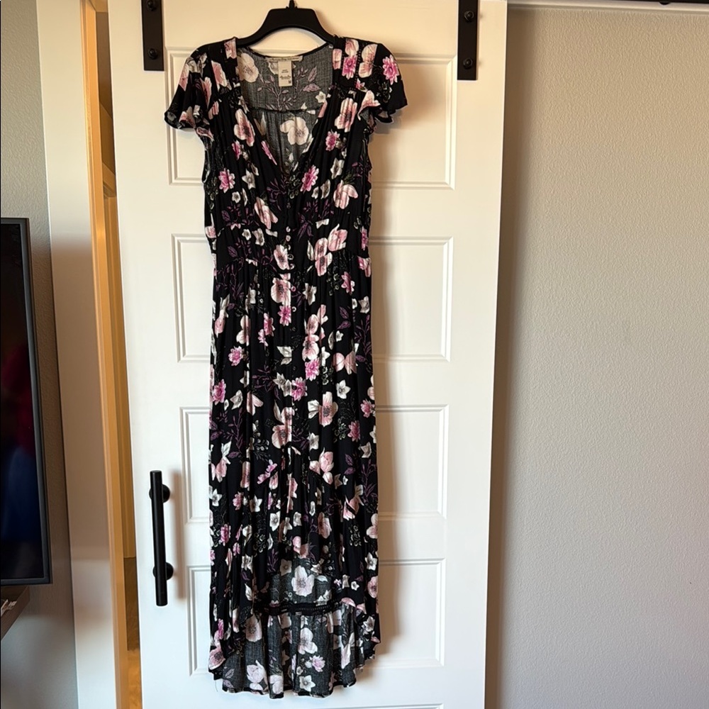 American Rag Floral Black and Pink Women's High Low Dress with vintage buttons